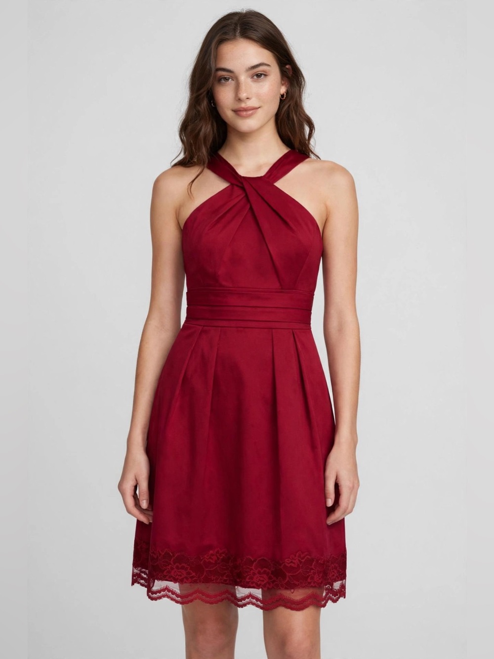 David's Bridal Autumn Wedding Guest Dress Size 6 Red Halter homecoming